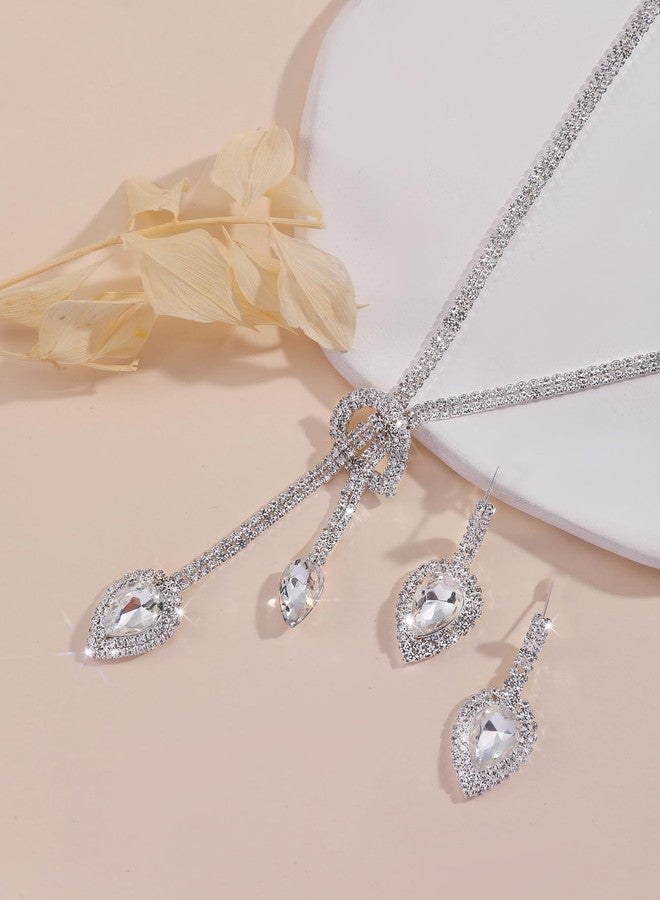 MarveBard Sparkling Bridal Wedding Jewelry for Women Set Crystal Y-Necklace Tassel Necklace Rhinestone Teardrop Dangle Drop Earrings Elegant Bride Necklaces Earring Set Brides Bridesmaids Weddings Party Prom Jewelry (White) - Image 5